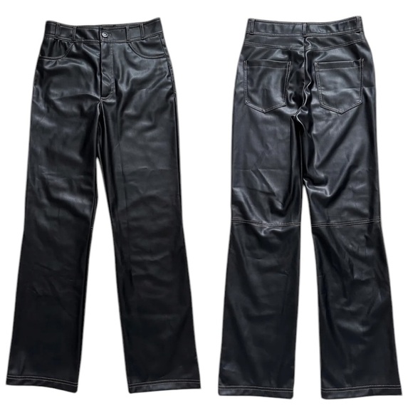 NWT ZARA Pants Faux Leather Vegan Straight Leg Contrast Stitching Black Size M - Picture 15 of 16